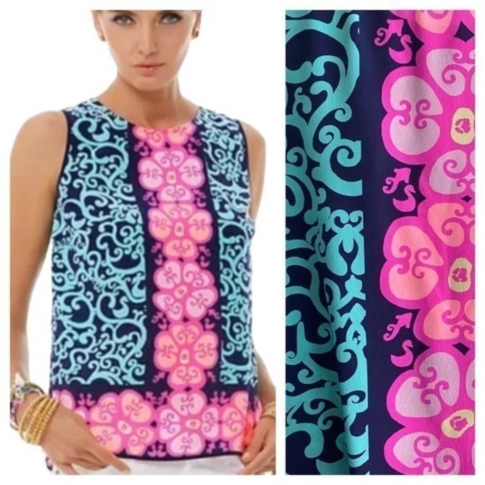 Lilly Pulitzer Pink Blue Silk lona Sleeveless Shell Tank Top Small